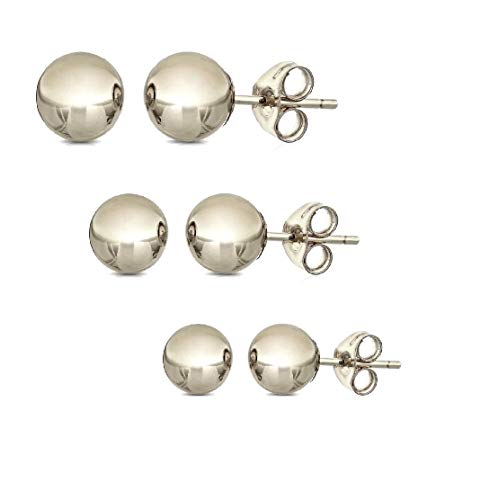 14K Solid Gold Ball Stud Earrings (3-Pair-Pack) 3MM 4MM and 5MM - Choose a Color (White)