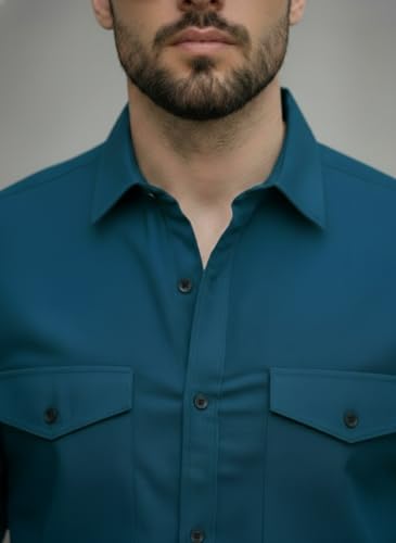 Image of DEELMO Men's Classic Cotton Blend Slim Fit Shirt || Full Sleeve Button-Down Casual Shirt with Dual Flap Pockets || Soft Breathable Fabric || Ideal for Office Party and Everyday Wear