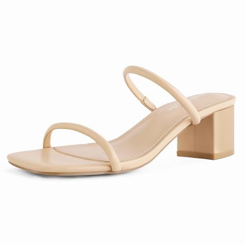 Image of Shoe'N Tale Strappy Heels for Women Square Open Toe Two Strap Low Block Heel Slip on Dressy Sandals Shoes