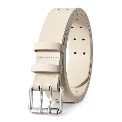 Image of JASGOOD Men Double Prong PU Leather Belt Casual Work Heavy Duty Belt Double Grommet Holes Belt for Jeans