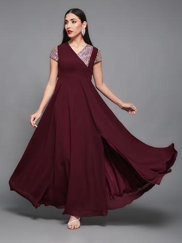 Image of Miss Chase Women's Round Neck Sleeve Embellished Fit Flare Maxi Dress