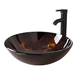 Walcut Tempered Glass Vessel Bathroom Vanity Sink, Round Washing Bowl, Oil Rubbed Bronze Faucet & Pop-up Drain Stopper, Artistic Basin