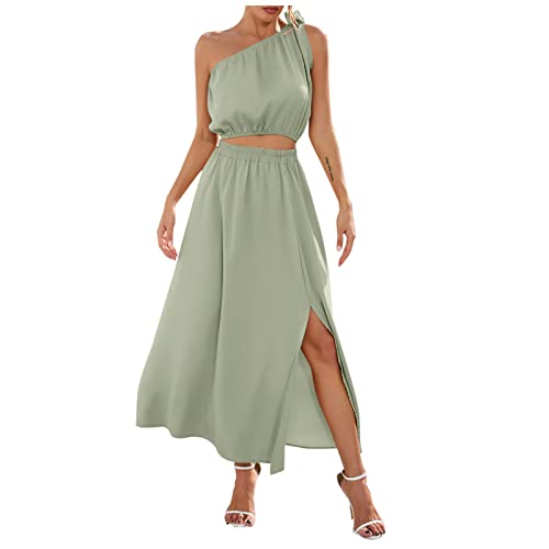 HGps8w Women 2 Piece Outfits Boho Sleeveless Cami Crop Top Ruffle Trim High Waist Flowy Long Skirt Beach Vacation Sets