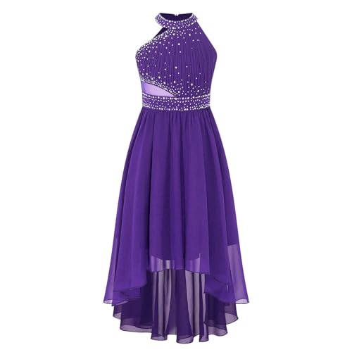 YiZYiF Vestido Fiesta Ceremonia Niñas Vestido Princesa Comunión Midi Vestido Sin Mangas Cuello con Diamantes Traje Elegante Dama de Honor 4-14 Años Morado A 11-12 años