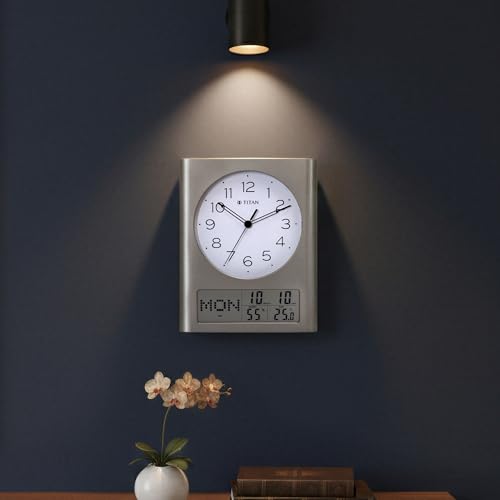 Image of Titan Analog and Digital Display Wall Clock | Day, Date & Month | Temperature & Humidity Display | Grey Case White Dial | 330x260mm | W0116PC01