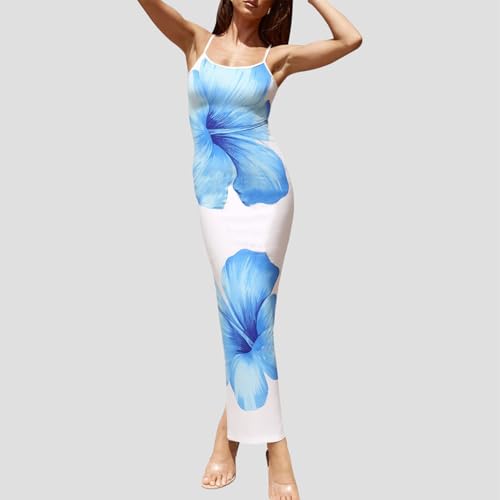 Image of Womens Summer Casual Floral Dresses Spaghetti Strap Bodycon Maxi Beach Dress Elegant Evening Party Long Dresses (US, Alpha, Large, Regular, Regular, Blue White)