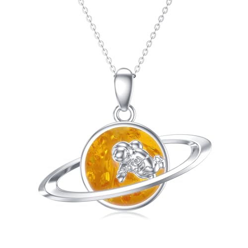 Collar pequeño con colgante de ámbar y astronauta asteroide, joyería para cumpleaños, fiesta