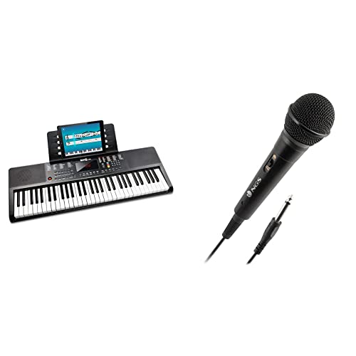 Teclado RockJam compacto de 61 teclas con soporte para partituras, fuente de alimentación, pegatinas para notas de piano y lecciones de piano simples + NGS SINGERFIRE, Microfono Vocal para Karaoke