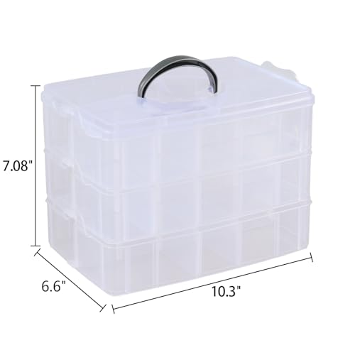 Image of 3-layer Stackable Craft Storage Box with 30 Grids, Clear Compartment Organizer Box for Beads, Tape, Screws