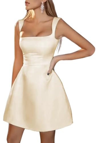 Image of Spaghetti Straps Short Homecoming Dresses Sqaure Neck Satin Mini Cocktail Dress Wedding Party Gowns