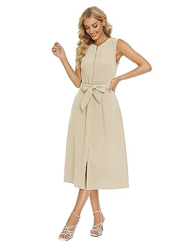 Image of Ladyful Women's Sleeveless Cotton Linen Midi Dress V Neck A Line Tank Dress