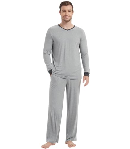 Image of NACHILA Pajamas for Men-Viscose Made from Bamboo, Long Sleeve Pajamas Set Comfy Sleepwear Pants Soft V Neck Pjs with Pockets