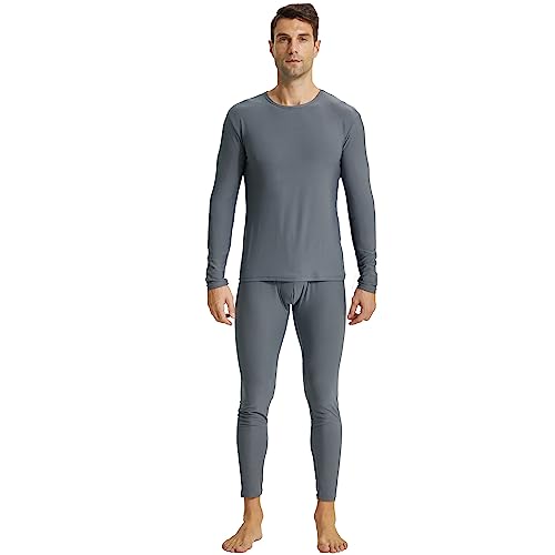 LNFINTDO Mens Thermal Underwear Set Crew Neck Long Sleeve Top & Long Johns Bottoms Winter Warm Base Layer Set Grey