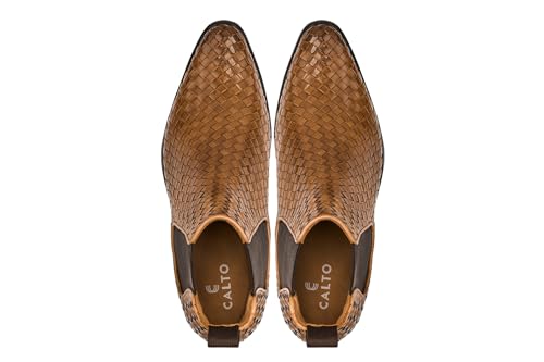 Image of CALTO Men's Invisible Height Increasing Elevator Shoes - Brown Premium Leather Woven Slip-on Chelsea Ankle Boots - 3.3 Inches Taller - K30522 - Size 7.5 D(M) US