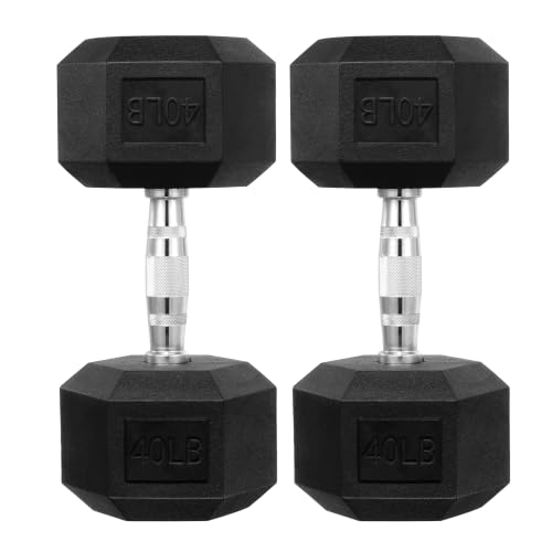 HulkFit 40 LBS Pair Rubber Coated Hex Dumbbells Anti-Roll Hand Weights Set of 2 Non-Slip Ergonomic Handle Low Odor for Home Gym