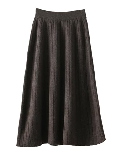 Women Fall Winter Thick A-Line High Waist Skirt Cashmere 100% Merino Wool Knitted Wool Pleated Skirts Mocha Brown M