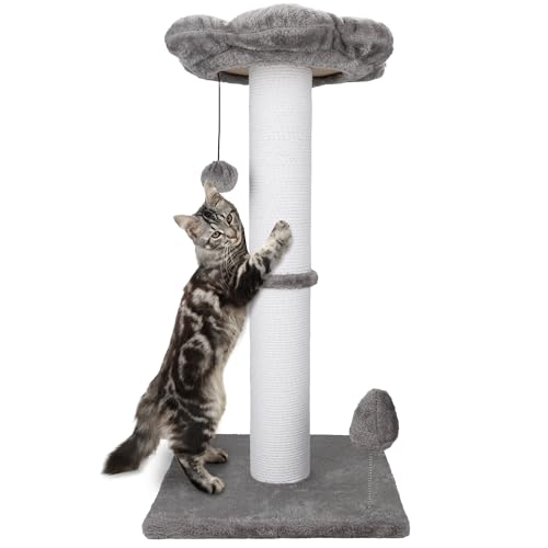 Ahomdoo Cat Scratching Post 30 Inches Heavy Duty and Thicker Cat Scratching Post Sisal Rope with Hanging Ball and Flower Cat Perch for Indoor Cats and Adult(Grey)
