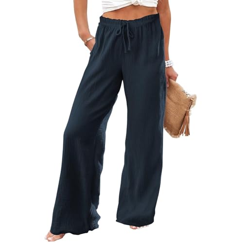Loose Pants for Women Summer, Fit Travel Drawstring Wide Leg Vacation Womens Trouser Flowy Outfits Flared Slacks2