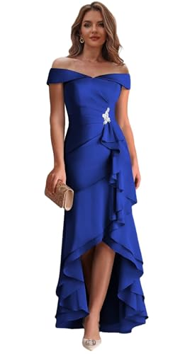 High Low Mother of The Bride Dresses for Wedding Off The Shoulder Formal Dress Satin Ruffles Evening Party Gown