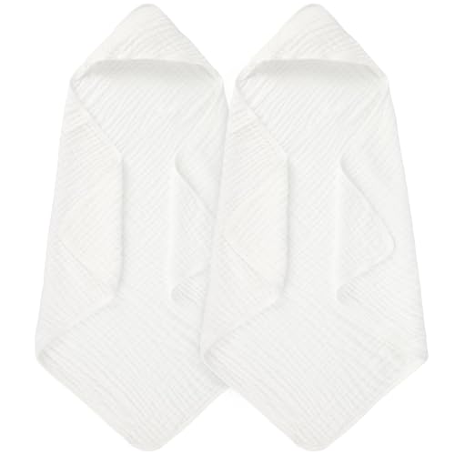 Image of MIGIOL Muslin Hooded Baby Towels 100% Cotton ，Super Soft Muslin Baby Bath Towel - 32 x 32 Inches, Suitable for Newborn and Young Children up to 3 Years Old. (White & White)