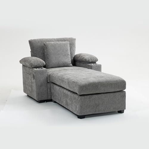 Oversized Lounge Chair Ottoman Sleeper Chenille Convertible Bed Accent Armchair Flip-Top Storage Dual Cup Holders USB Type-C Ports Side Pockets Pillow Set Sturdy Legs Living Room (Light Grey)