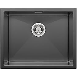 Fregadero cocina 1 seno 55x44cm, Auralum fregadero de cocina de acero inoxidable, fregadero negro con sifón, Dispositivos de drenaje y rebosadero