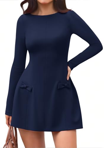 Yousify Womens Boat Neck Mini Dress Long Sleeve A-Line Side Bows Club Party Date Night Bodycon Dresses Navy Blue