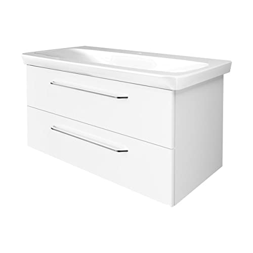 FACKELMANN Milano Badmöbel Set 2 Teile – Waschtisch mit Unterschrank fürs Badezimmer – Waschbeckenunterschrank mit Schubladen in Weiß – Badschrank hängend – 100 cm breit