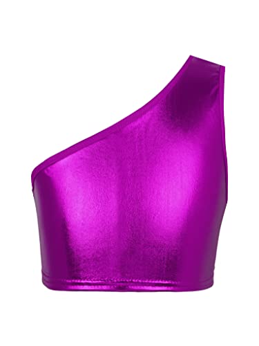 Mufeng Kids Girls One Shoulder Shiny Metallic Tank Tops Unisex Sleeveless Modern Dance Party Performance Top Vest Rose Red 5-6 Years