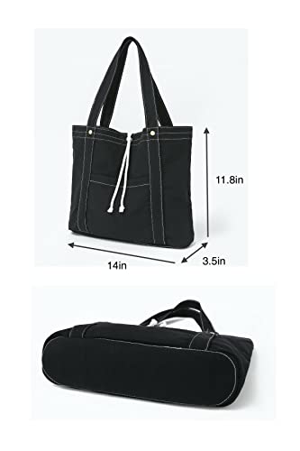 Jeelow 16 Oz Washed Canvas Tote Shoulder Bags Purse Handbag For Men & Women Double Handles (Black Tote) #TOP5
