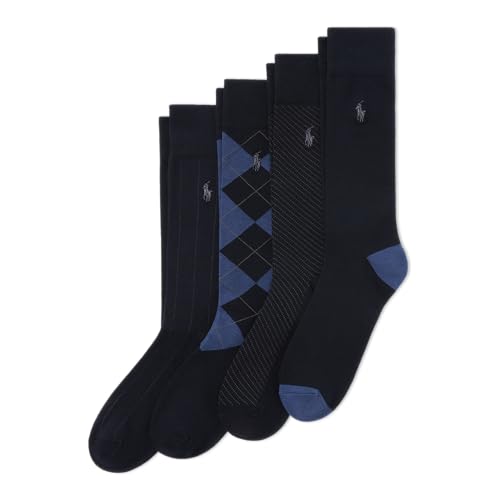 POLO RALPH LAUREN Men's Assorted Pattern Dress Crew Socks 4 Pair Pack - Soft and Lightweight Cotton Comfort, Blue, 6-12.5