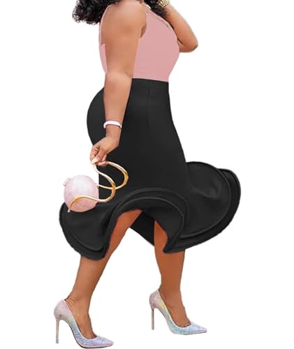 xxxiticat Women's Ruffle Midi Skirt High Waist Elegant Formal Party Irregular Asymmetric Pencil Bodycon Fishtail Skirts