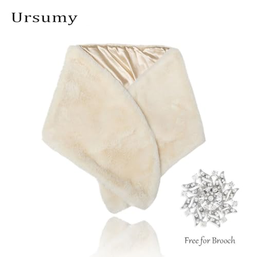 Ursumy Wedding Faux Fur Wraps Bridal Shawl Fur Stole Fur Scarf with Rhinestones Brooch Party for Bride and Bridesmaids3