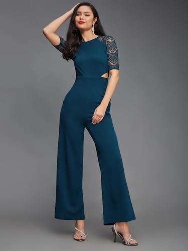 Image of Miss Chase Women's Halter Neck Sleeveless Solid Wide Leg Sequin Paneled Regular Length Jumpsuit