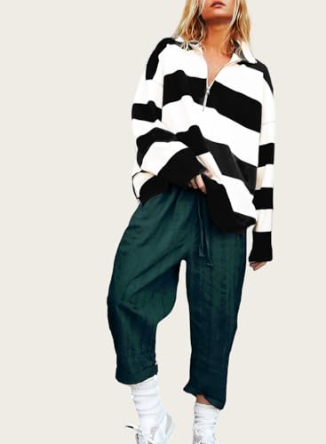 Image of Women's Oversized Quarter Zip Sweater Trendy Color Block Striped Y2K Pullover Cozy Loose Knit Fall Tops