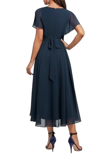 Women's Wrap V Neck Flutter Sleeve Chiffon Cocktail Wedding Guest Dress Layered Ruffle Flowy Midi Party Dress2