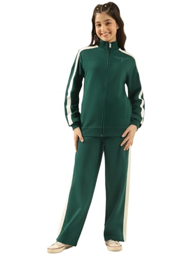 Image of Li'l Tomatoes Girls Solid Fleece Winter Track Suit | Zip-Up High Neck Jacket & Wide-Leg Track Pants | Casual Co-Ord Set | 9-16 Years