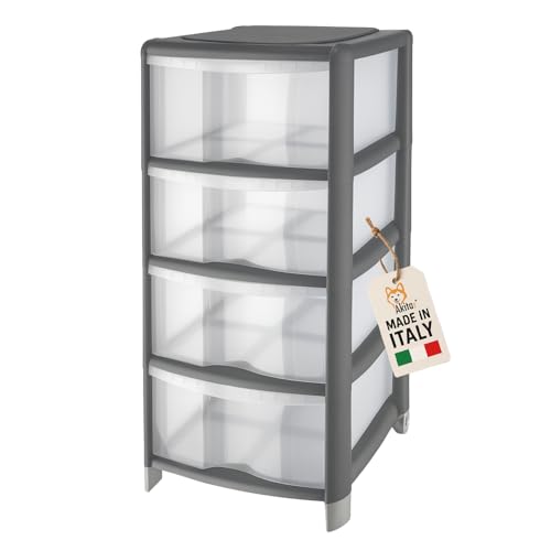 AkitaInk Cassettiera Grigia 4 Cassetti Trasparenti in Plastica con Bordo