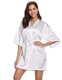 Vlazom Women's Kimono Robes Satin Short Style with Oblique V-Neck Robe (White, Medium)