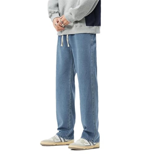 Men Drawstring Elastic Waist Cargo Denim Pants Work Wide Leg Baggy Jeans Dark Blue 3XL