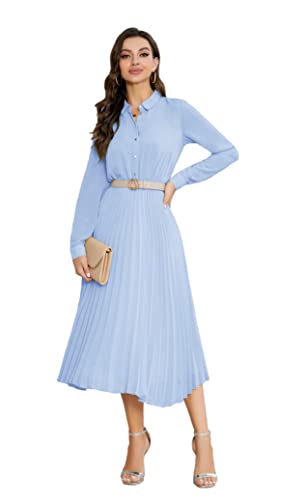 Image of Business Casual Shirt Dress for Women Long Sleeves Pleated Midi Dresses with Belt