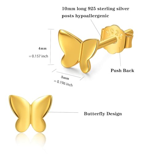 Uucomt Gold Butterfly Earrings for Women - 14K Gold Plated Hypoallergenic 925 Sterling Silver 10mm-Long Posts Push Back Ladies' Butterfly Stud Earrings - Gold — view 3