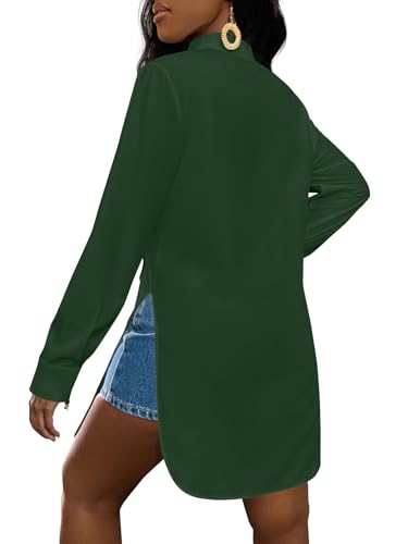 Image of LYANER Women's Collar Neck Long Sleeve Button Down Shirts Sexy Split Hem Tops Long Blouse Shirt Dress