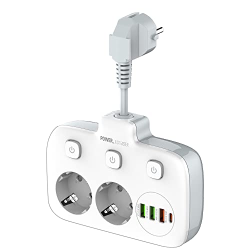 HIULLEN 6 in 1 Mehrfachsteckdose mit Flexible Kable, Kurzes Kabel Steckdosenadapter mit 3 USB und 1Type-C Anschluss, Verteilersteckdose mit Schalter für Büro, Zuhause, Reisen, Smartphone Cover