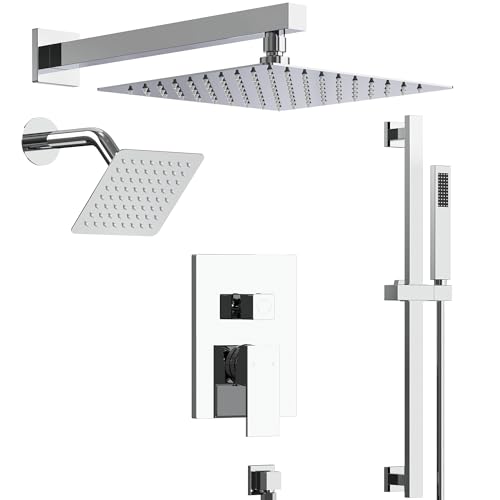 Image of 10 inch High-Pressure Rainfall Shower Faucet with Handheld Spray, Wall Mount Dual Shower Head System with Slide Bar (Polished Chrome)