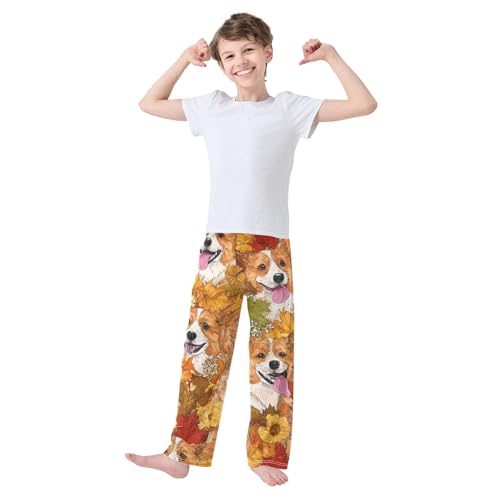 Corgi Dog Autumn Flowers Boys Long Pants Soft Trousers Elastic Waist Kids Lounge Bottoms with Pockets S-XL3