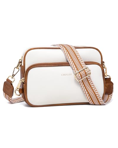 CHOLISS Small Purses for Women, Travel Purses Anti Theft Crossbody Bags for Women, Vegan Leather with Adjustable Wide Guitar Strap, Beige&Brown