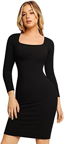 Popilush Bodycon Dresses for Wommen Built in Shapewear Long Sleeve Midi Dress Black