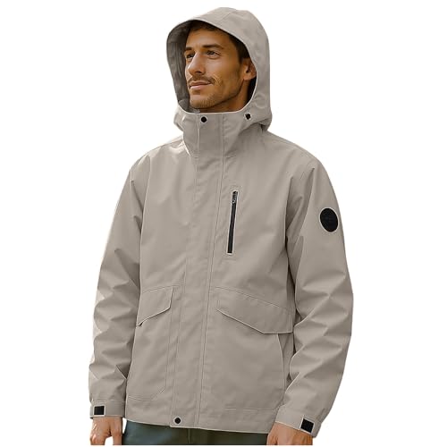 ANHATUIV Rain Coats for Men Outdoor Waterproof Jackets Full Zip Long Sleeve Coat with Detachable Hood Windproof Overcoat with Pockets Work Office Jacket for Camping Outdoor Mountain