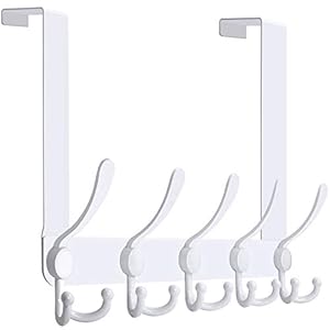 WEBI Over The Door Hook Door Hanger Hook Rack with 5 Tri Hooks for Hanging Coats, Over The Door Towel Rack Towel Hanger Door Coat Hanger Over Door Coat Rack for Bathroom,Behind Back of Door,White